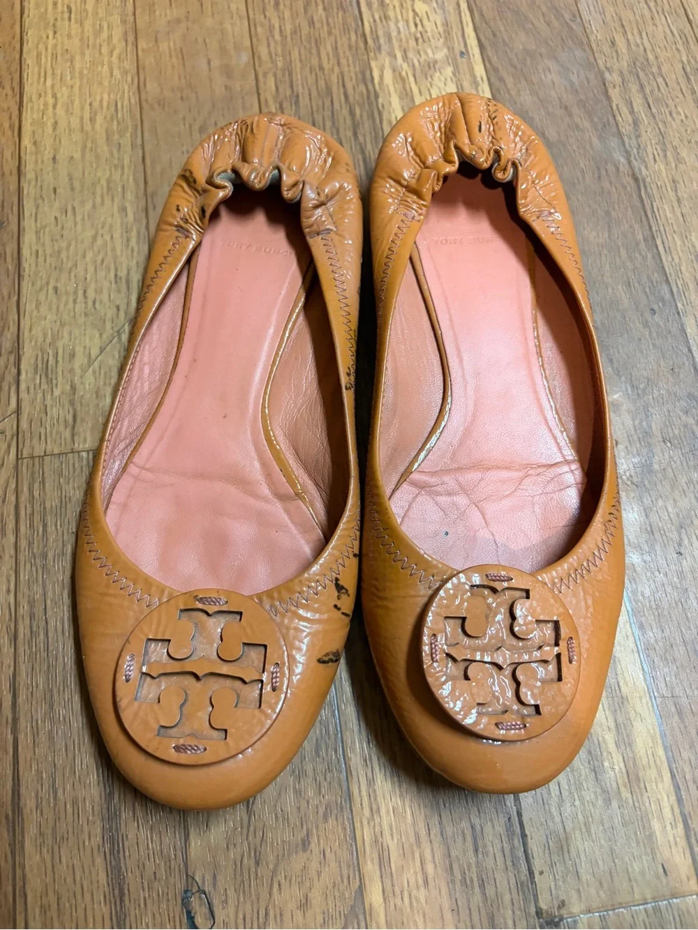 Tory Burch Caramel Leather Logo Ballet Flats